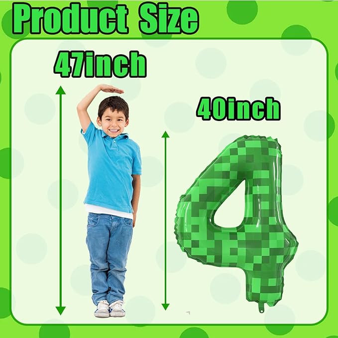 40 Inch Green Pixel Miner Theme Number Balloons Large Birthday Party Number Balloons Mining Gaming for Kids Birthday Party Decoration Supplies (Number 4)