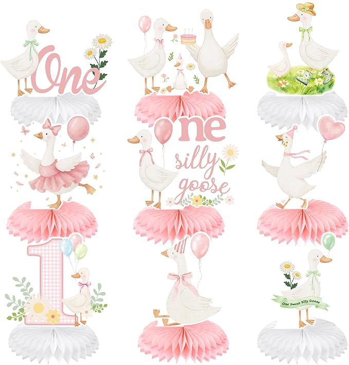 9Pcs One Silly Goose Birthday Decoration Girls Pink White Silly Goose Birthday Honeycomb Centerpieces Silly Goose Theme Party Decor for 1st Birthday Baby Shower Party Supplies Gender Reveal
