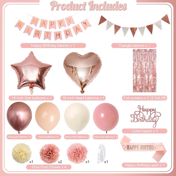 Blush Pink Birthday Decorations, Rose Gold Nude Party Décor with Foil & Latex Balloons Sash Fringe Curtains Happy Birthday Banner Cake Topper Paper Pompoms Party Decor for Women Girl
