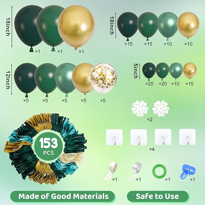Amandir 153pcs Green and Gold Balloon Garland Arch Kit, Different Sizes 18 12 10 5 inch Green Latex Metallic Confetti Balloons St. Patrick's Birthday Anniversary Safari Party Decoration Supplies