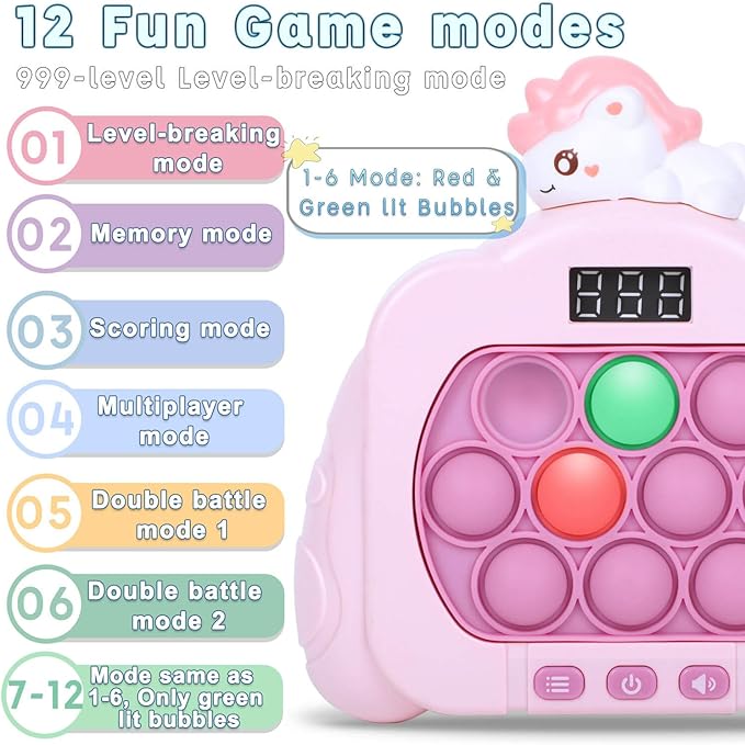Quick Push Pop Game Fidget Toys, 12 Modes LED Screen Light Up Fast Push Bubble Game, Handheld Speed Pushing Game, Christmas Toys Gifts for 6 7 8 9 10 11 12 Years Old Kids Stocking Stuffers (Unicorn)