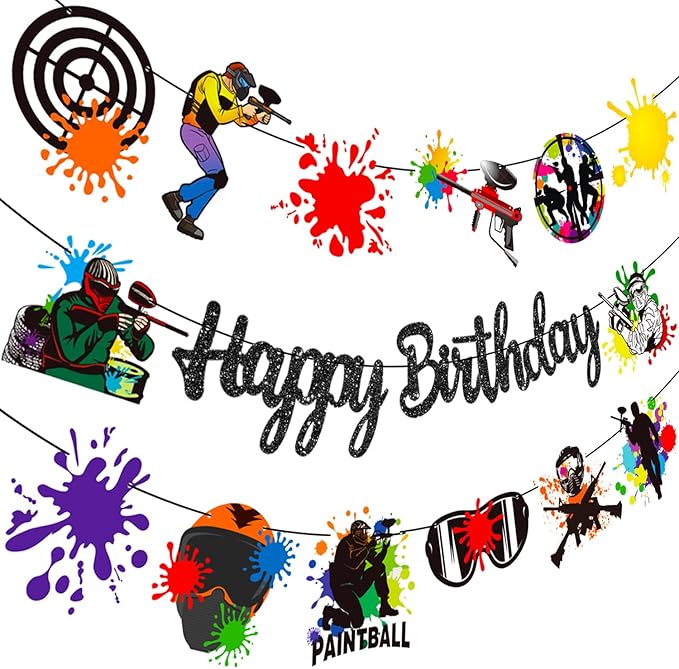 Paintball Happy Birthday Banner Glitter Black Paintball Birthday Party Decorations 2PCS Paintball Themed Shooting Game Banner Decor for Paint Ball Splatter Splash Party Supplies