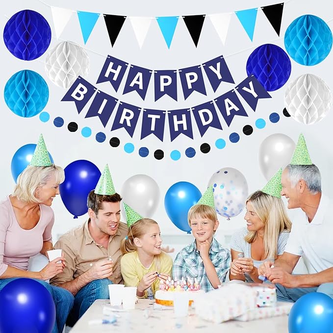 33 Packs Birthday Party Decorations, Happy Birthday Hanging Banner Circle Dot Triangles Honeycomb Balls Balloon Decor Set For Boys Girls Men Women Teen(Blue&Black)