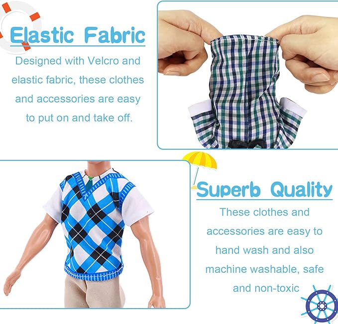 33 PCS Doll Clothes and Accessories Doll Including 5 Tops 5 Pants Casual Wear in Random 4 Pair of Shoes Hangers Glasses Earphone Guitar Surfboard Swimming Ring for 12 Inch Boy Doll