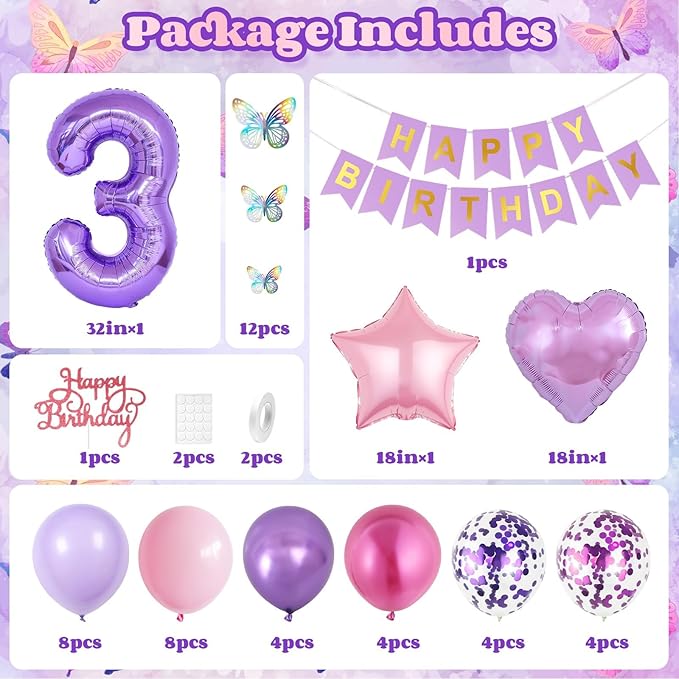 3rd Birthday Decoration for Girls,Pink Purple 3rd Birthday Balloon Number 3 Balloon with Butterfly Stickers Star Heart Foil Balloons Banner Princess Party Decoration for 3 Year Old Party