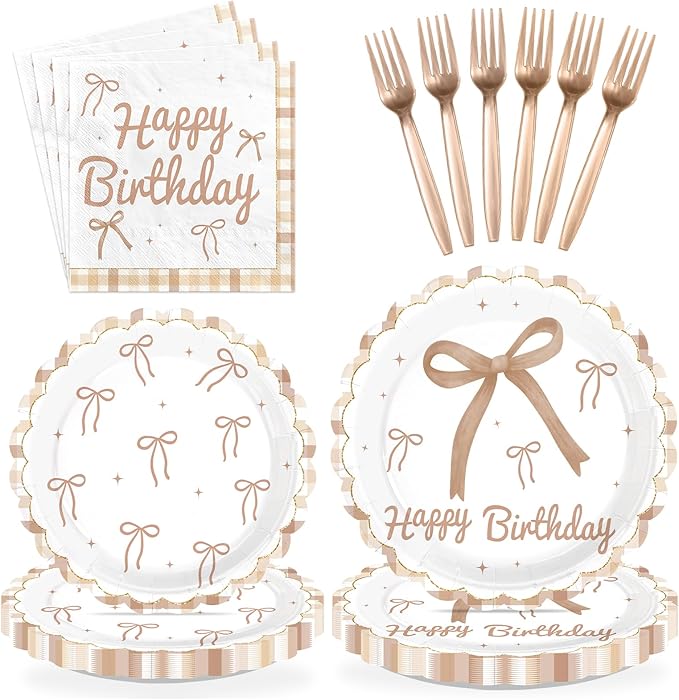 96 Pcs Brown Bow Birthday Party Decorations Disposable Brown Plaid Paper Plates and Napkins Vintage Bow Tableware Set for Boys Girls Birthday Party Baby Shower Supplies, Serves 24