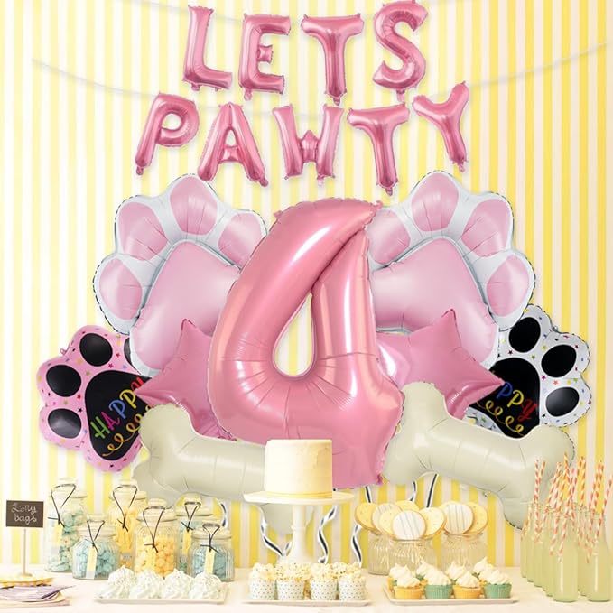 4th Dog Balloons 18pcs Lets Pawty Balloons Dog Paw Birthday Decor Pink 32 inch Pink Number Balloons 4 Mylar Foil Balloons for Lets Pawty Birthday Decorations Dog 4th Birthday Party Supplies