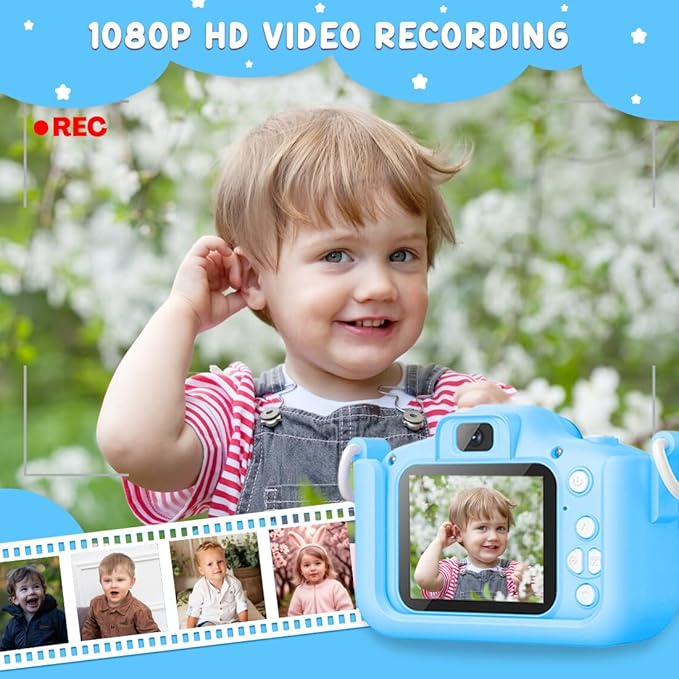 Wembley Kids Camera for Boys & Girls 3–8 Years | Digital Camera for Kids 1080P Selfie Video | Toddler Camera Rechargeable with Games | 32GB Card | Silicone Cover | Dinosaur Birthday Gift - Blue