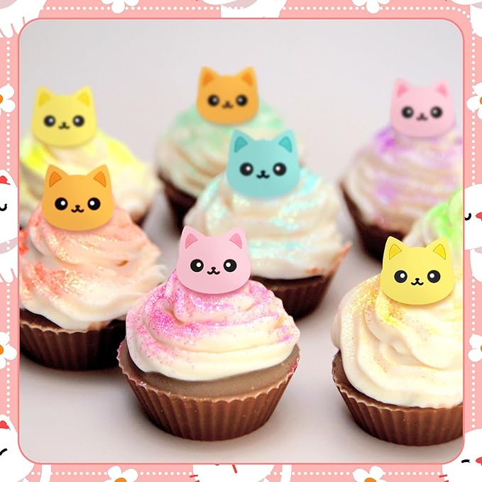 Chuangdi 48 Pieces Cat Cupcake Rings Cute cake Toppers Rings Colorful Cat Birthday Cupcake Decorations for Pet Themed Party Supplies, 4 Styles