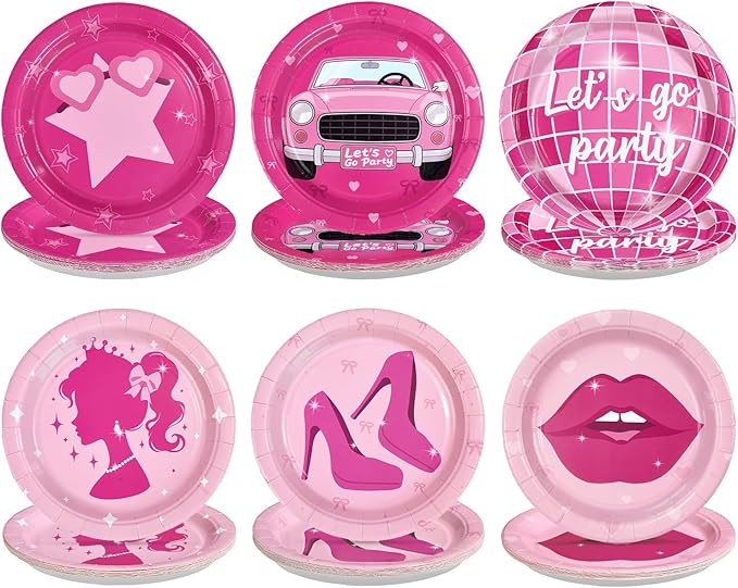 60Pcs Hot Pink Paper Plates 10" Heavy Duty Disposable Pink Girls Dessert Plates Let's Go Party Decorations for Women Girls Night Birthday Disco Bachelorette Bridal Shower Party Supplies