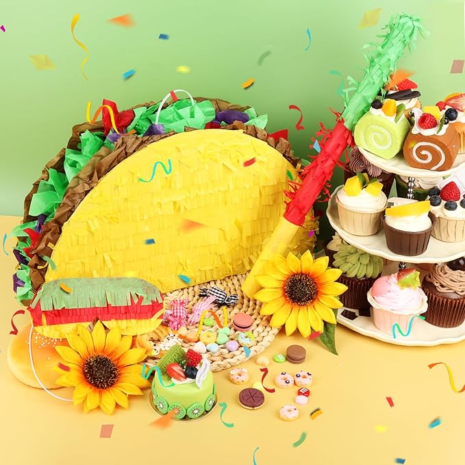Hooqict Taco Pinata Set Mexican Birthday Party Pinata with Stick & Blindfold for Kids Adults Cinco de Mayo Taco Decorations Mexican Party Games Fiesta Themed Birthday Party Supplies