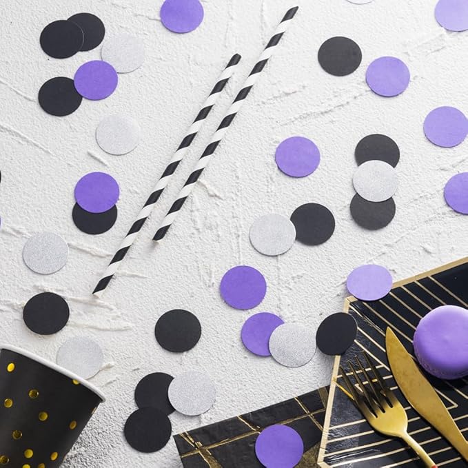 Purple Black and Silver Confetti Table Decoration for Birthday Retirement Halloween Graduation Horror Theme Party,1.2 inch in Diameter,200 Counts