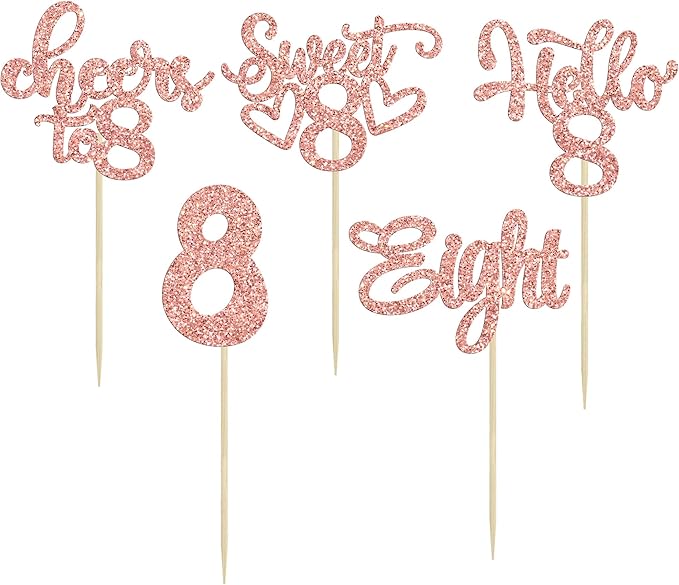 30Pcs 8th Birthday Cupcake Toppers Glitter Eight Hello 8 Cupcake Picks Cheers to 8 Years Old Cake Decorations for 8th Birthday Party Supplies Rose Gold