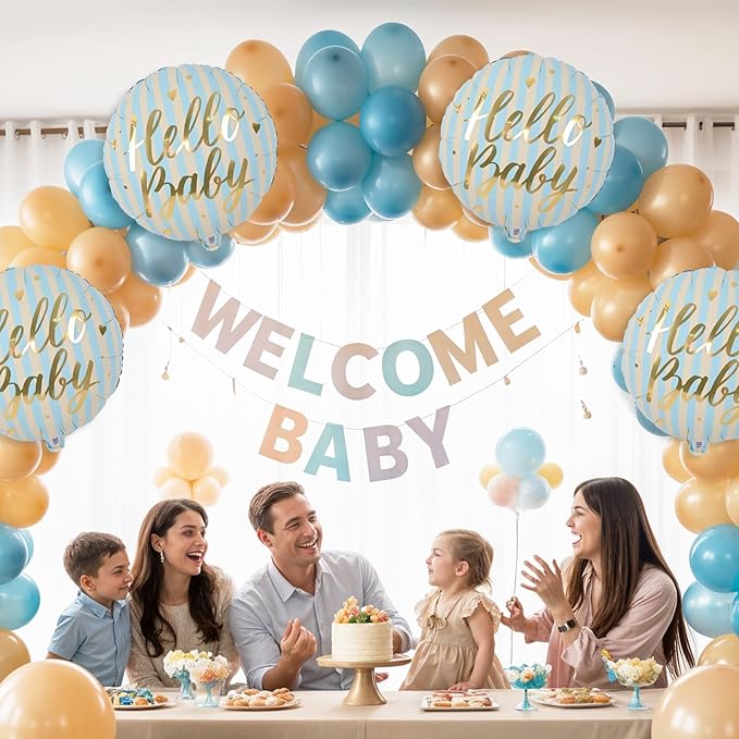 18" Hello Baby Foil Balloons for Welcome Baby Party Decorations, 4pcs Light Blue Cream Gold Mylar Balloons, baby Blue Beige Gold Balloon for Newborn Gender Neutral baby Shower Sip and See Party Decor