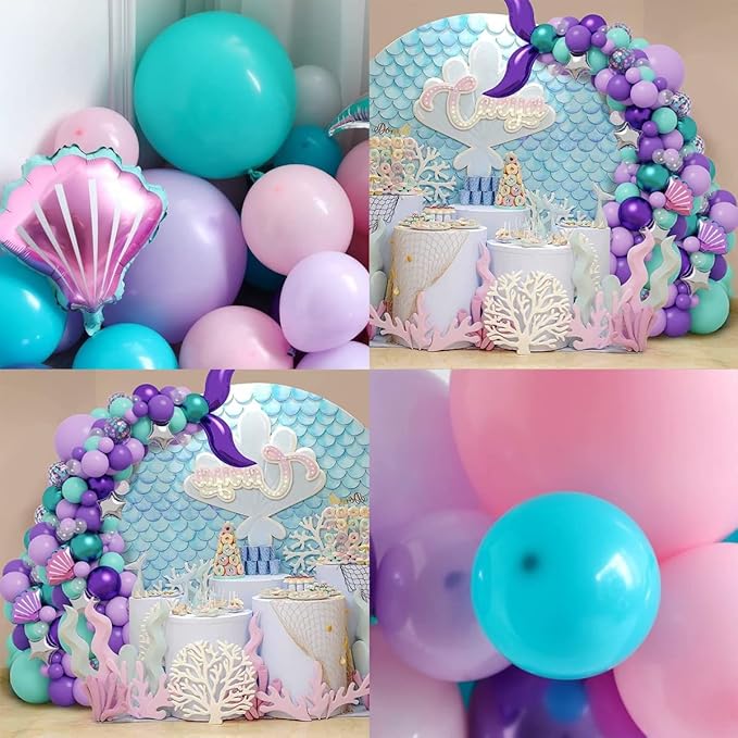 Mermaid Balloon Arch Kit with Tail Mermaid Theme Balloon Garland Pastel Pink Purple Blue Green Metallic Silver Latex Balloons Confetti Shell Foil Balloon Under the Sea Party Decorations Girls Birthday