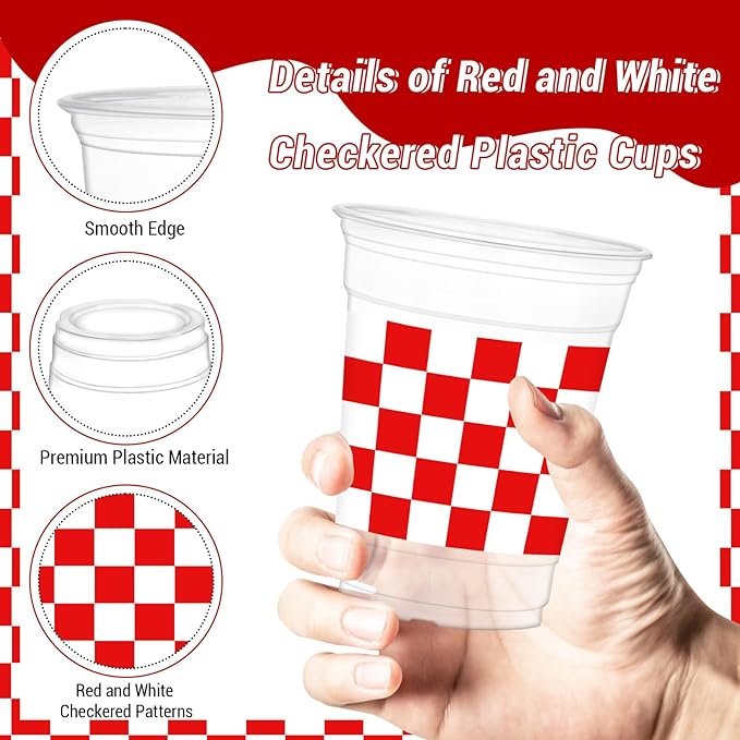 50Pcs Red and White Checkered Cups, 12oz Red Checkered Disposable Clear Plastic Cups Gingham Party Cup for Wedding Valentines Home Supplies Birthday Party Decorations