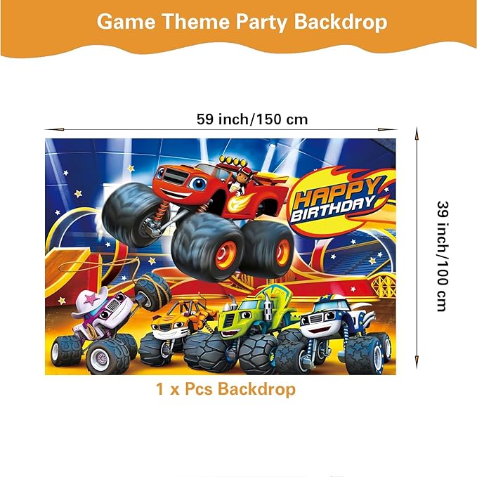 121 Pcs Monster Truck Birthday Party Supplies,Included Banner,Backdrop,Tablecloth,Plates,Balloon,Racing Car Tableware Set for Boy Truck Party Decorations