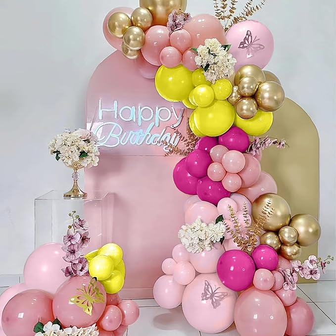 Yellow Pink Balloon, 60 Pcs 12 Inches Hot Pink Metallic Gold Balloons for Girls Peach Birthday Party Decorations Birthday Balloons Baby Shower Engagement Party Supplies