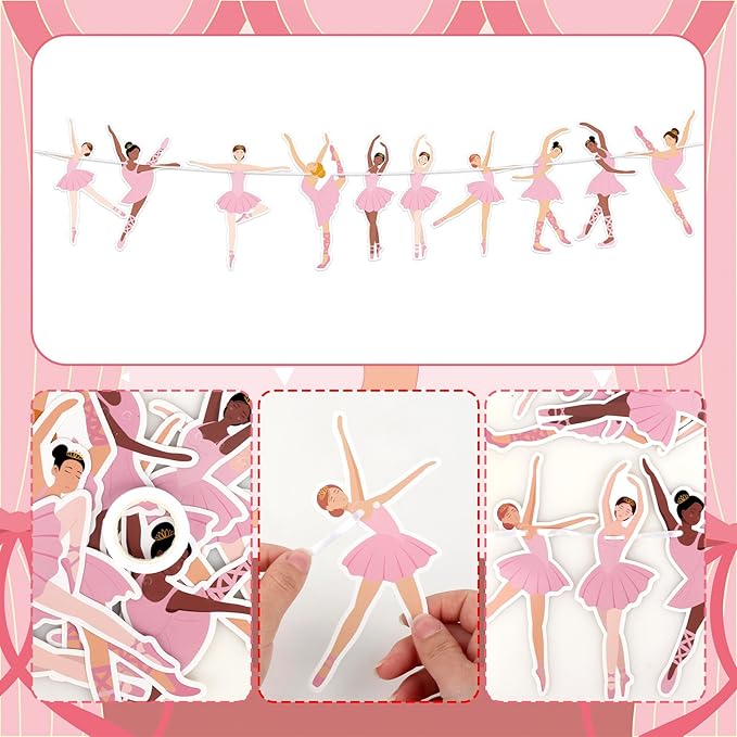 Hooqict Happy Birthday Banner Ballerina Birthday Party Decorations Ballerina Dancer Party Banner Garland Sign for Girls Women Pink Ballet Party Decorations Supplies