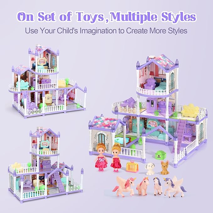 Dollhouse Set with 2 Dolls&4 unicons Dreamy Doll House with 9 Rooms 3 Floors 2 Pets, 12 Pieces Furniture and Accessories, Birthday Princess Dollhouse for Girls for 3 to 12 Years Old
