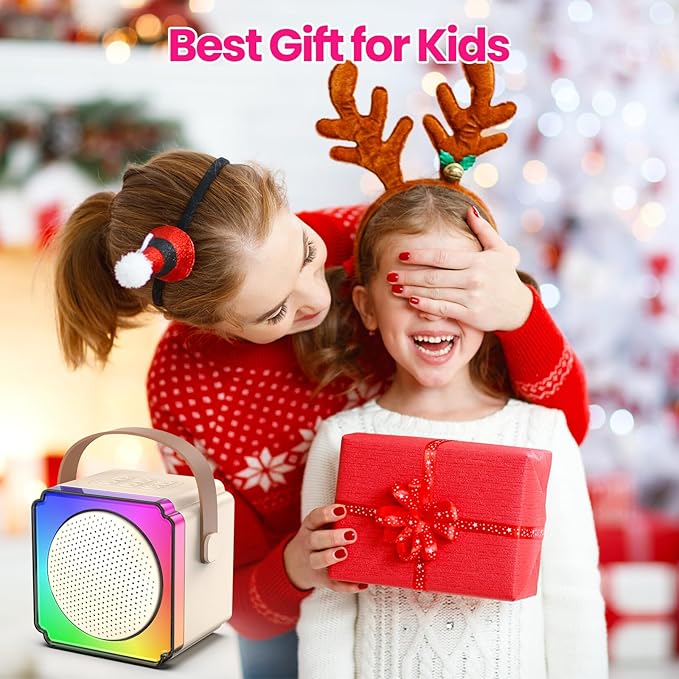 Mini Karaoke Machine with 2 Wireless Microphones, Birthday Gifts for Kids, Adults, Girls Boys Birthday Easter Toys, Age 3-12+ Year Olds, Portable Bluetooth Speaker, 1 Bag, for Singing Party (White)