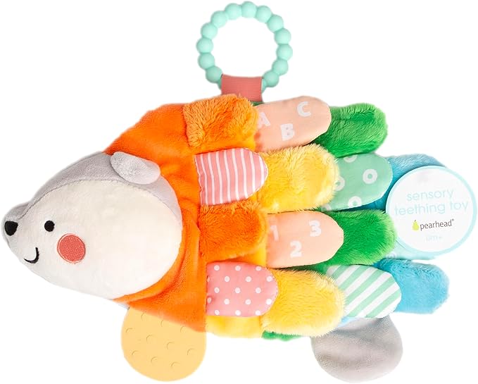 Pearhead Hedgehog Montessori Sensory Toy, Soft Plush Lovey with Crinkle Tabs and Silicone Teether for Babies 0m+, Early Development Easter Basket Gift