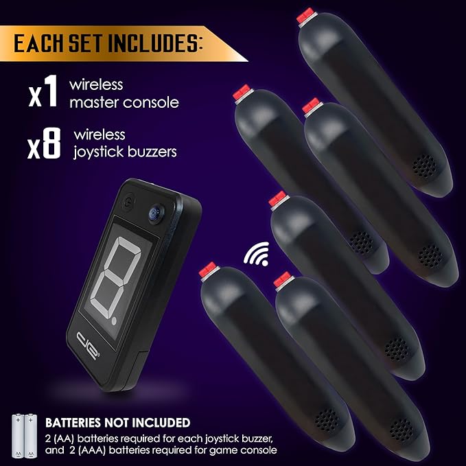 Digital Energy Wireless Handheld Game Buzzer System - Console Displays First Buzz-in - Great for Jeopardy, Family Feud, Trivia and Buzz Games - 8 Joystick Buzzers