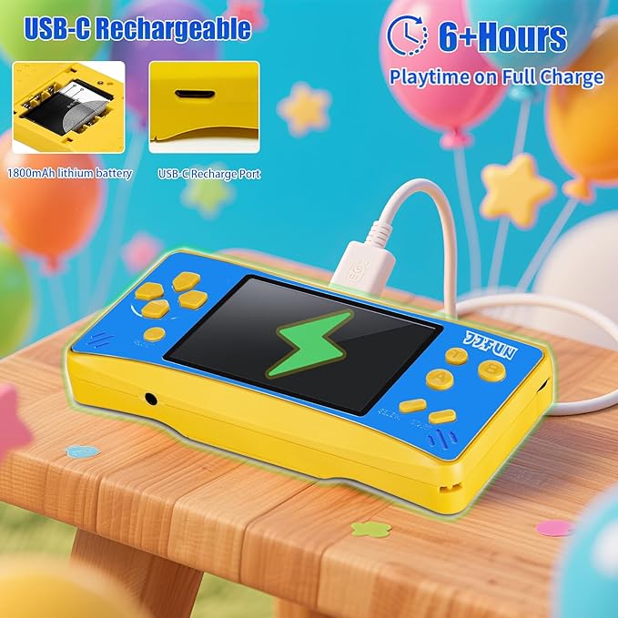 JJFUN Portable Game Console for Kids – 3.2" Screen, 168 Built-in Classic Games, Plug & Play on TV, Rechargeable, No WiFi Needed, Ideal Gift for Boys & Girls, Great for Travel, Holidays & Birthdays