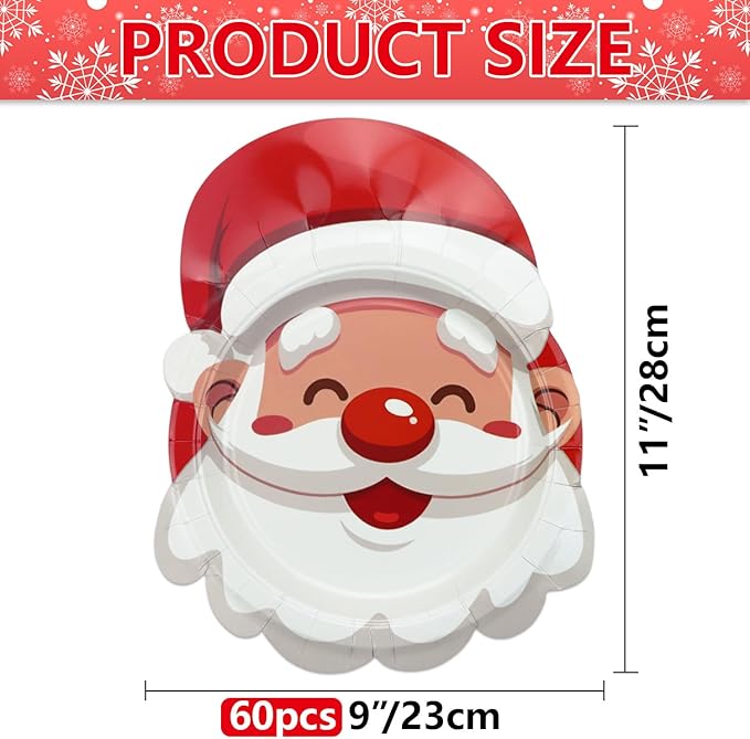 Christmas Plates, 60 Pcs Santa Paper Plates for Merry Christmas Decorations Xmas Winter Holiday Party Supplies