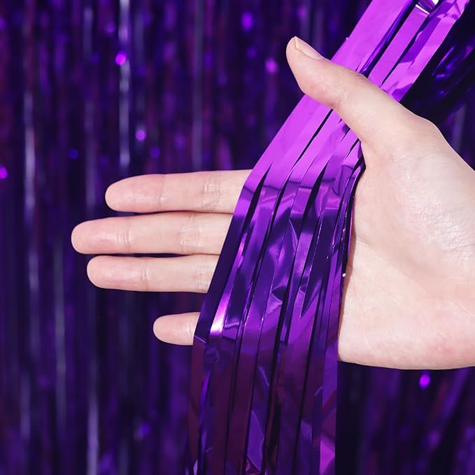 3.3 x 6.6 ft Foil Fringe Backdrop Curtains, Tinsel Streamers Party Decorations, Fringe Backdrop for Birthday, Baby Shower, Gender Reveal, Graduation (3, Purple)