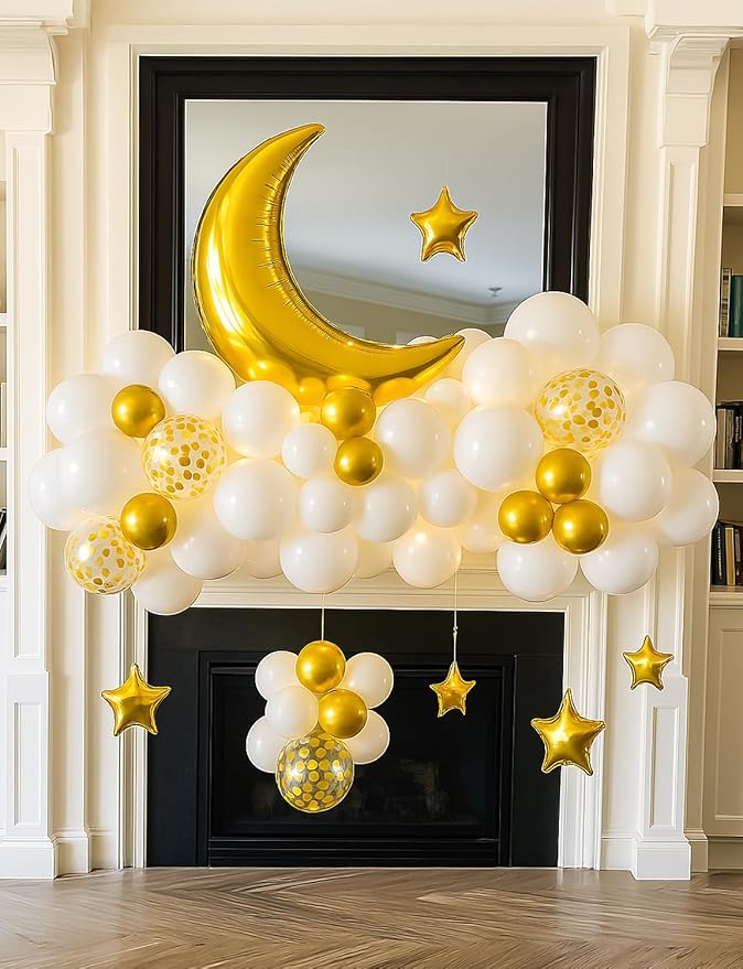 White and Gold Party Decorations, Gold White Balloons Moon Star Foil Balloons, LED String Lights Decoration for Boys Girls Baby Shower Twinkle Twinkle Little Star Gender Reveal Party Supplies