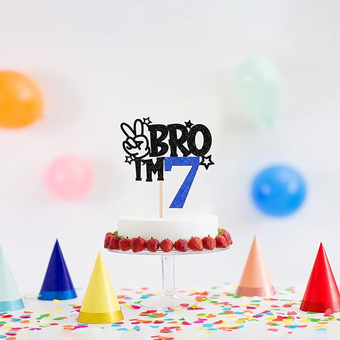 1 PCS Brother I'm 7 Cake Topper Glitter Star Happy 7th Birthday Cake Pick Bro I'm 7 Cake Decoration It's My 7th Birthday Decorations for Boys Cheers to 7 Years Old Birthday Party Supplies Blue
