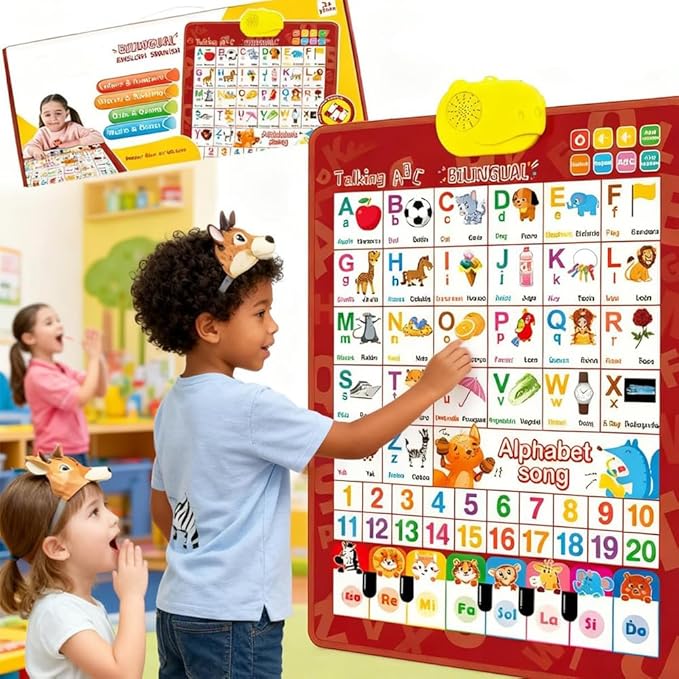 Bilingual Interactive Wall Chart for Kids – English & Spanish ABC Song Poster with Sound Effects, Alphabet, Numbers, Animal Words & Piano for Toddlers 1-6 (Red)