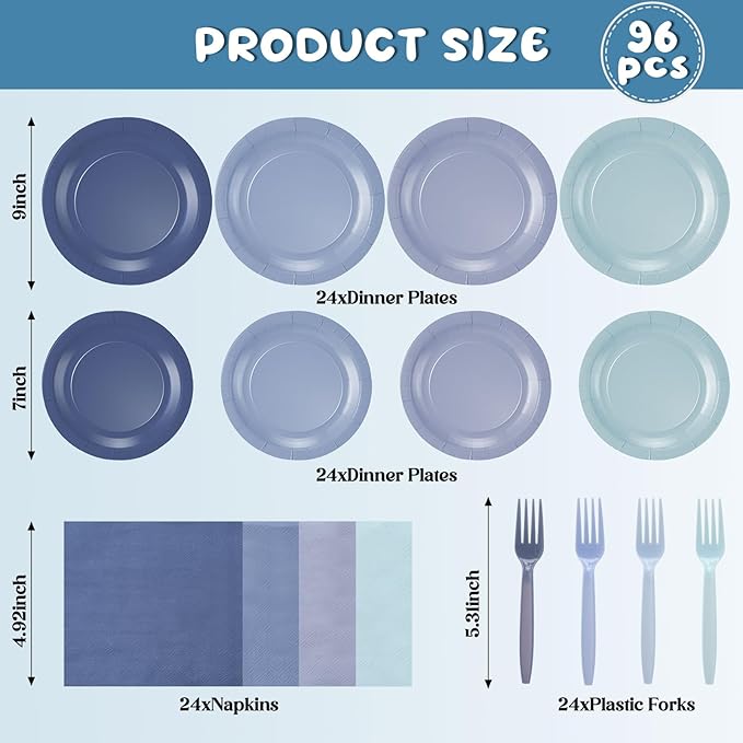 96 Pcs Dusty Blue Gradient Tableware Sets for 24 Guests Include 9 '' and 7'' Paper Party Plates Disposable Cocktail Napkins Plastic Forks Dinnerware for Birthday Wedding Tea Party Baby Shower