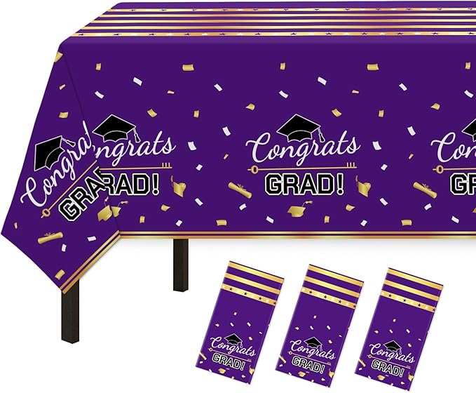 Childom 3 Pack Graduation Tablecloth,Graduation Decorations Class of 2026 Graduation Party Decorations,54"x108" Purple and Gold Plastic Table Cloth Disposable Rectangle for Home,School,Party Supplies