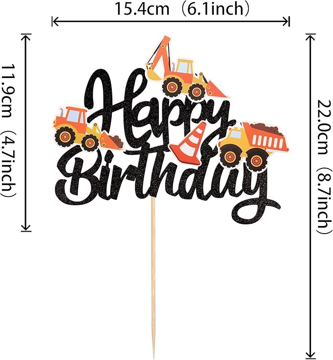 1 PCS Construction Happy Birthday Cake Topper Glitter Construction Cake Pick Dump Truck Excavator Tractor Cake Decorations for Construction Theme Baby Shower Kids Birthday Party Supplies Black