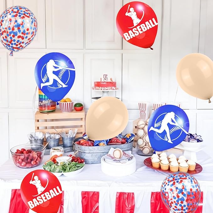 Baseball Balloons, 60Pcs 12 Inch Red Blue Brown Confetti Baseball Party Balloons for Kids Boy Baseball Birthday Sport Party Decorations Sports Themed Baby Shower Graduation Party Supplies