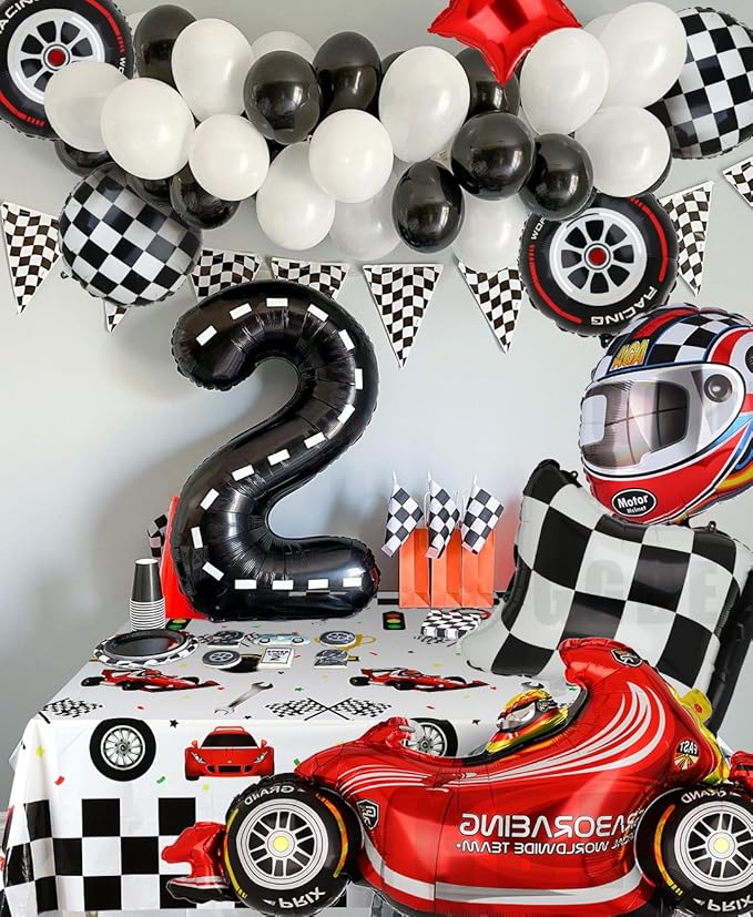 GGDE Race Car Balloons Tire Balloon Chequered Flag Balloons Helmet Balloons Baby Shower Kids Two Fast Speedy Race Car Themed Birthday Party Decor Supplies 10 Pcs Kit, Big
