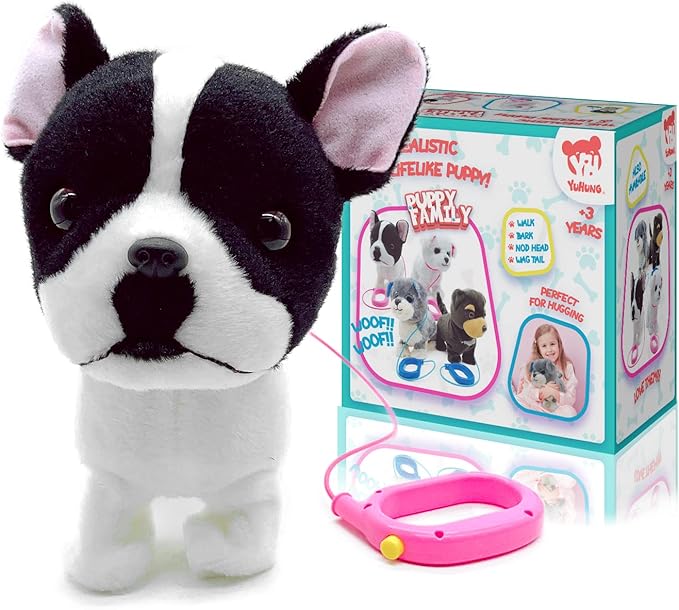 YH YUHUNG Walking French Bulldog Toy with Leash, Black & White Frenchie Puppy Robot, Electronic Barking & Wagging Plush Dog, Interactive Pet Gift for Kids 3+ (French Bulldog)