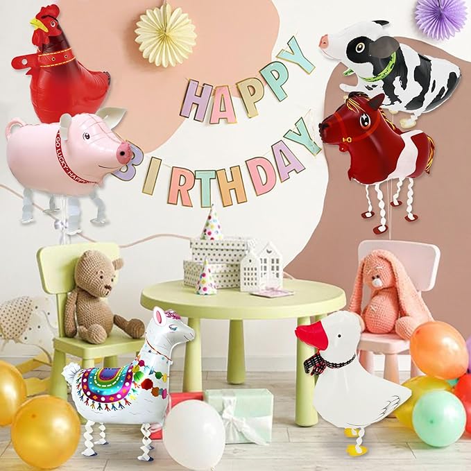 6 Pcs Farm Animal Balloons - Large Cow Horse Duck Chicken Pig Llama Mylar Foil Balloons for Birthday Party, Baby Shower, Farm Theme Party Supplies