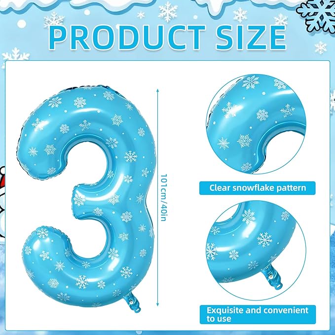 Snowflake Balloons Birthday Decorations, 40'' Frozen Number 3 Balloon for 3rd Birthday Party Supplies