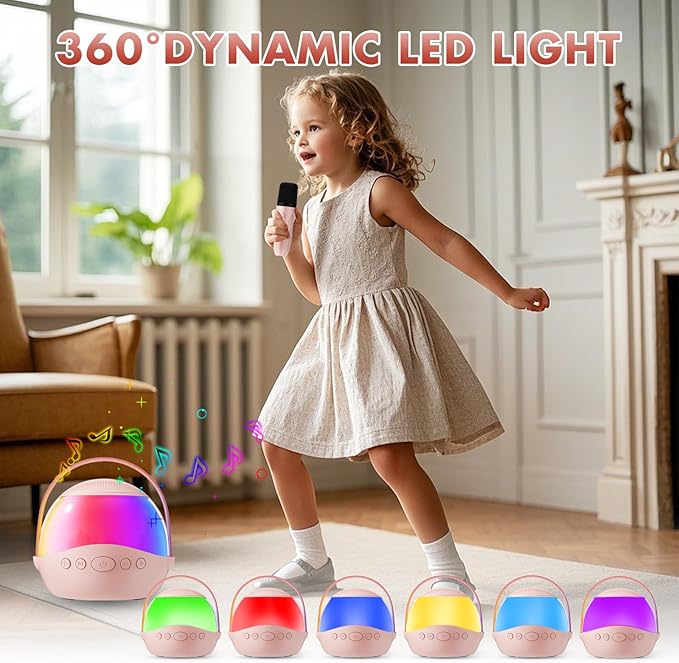 Mini Karaoke Machine Gifts for Kids Adults, Portable Karaoke Speaker with 2 Wireless Microphones, Kids Microphone with Speaker and LED Light, Birthday Gifts for Girls Boys 3-12+ Year Old (Pinkcolor)