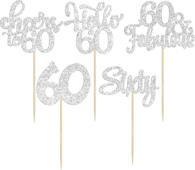 30Pcs Happy 60th Birthday Cupcake Toppers Silver Glitter Sixty Cake Toppers Cheers to 60 Years Old Birthday Cupcake Picks for 60th Anniversary Party Cake Decorations Supplies