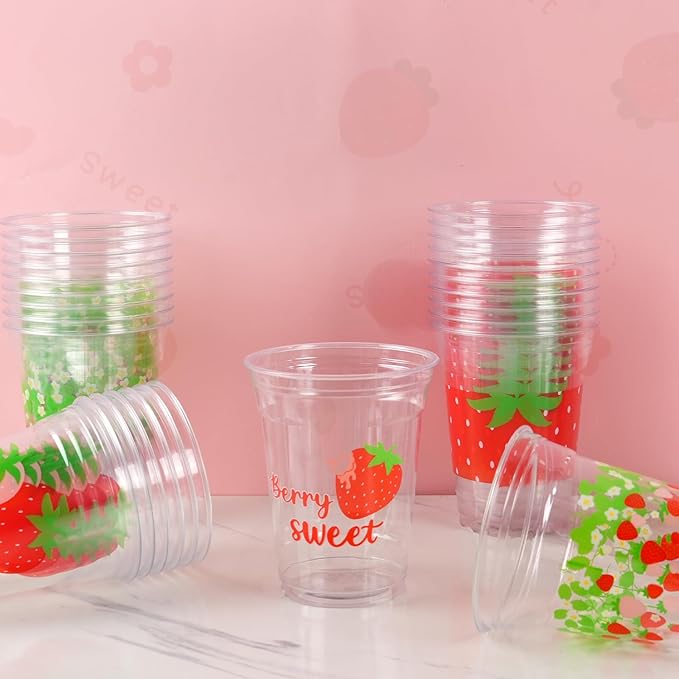 50Pcs Strawberry Party Decoration Cups, 12 OZ Disposable Plastic Strawberry Cups for Berry First Birthday Party Decor Supplies