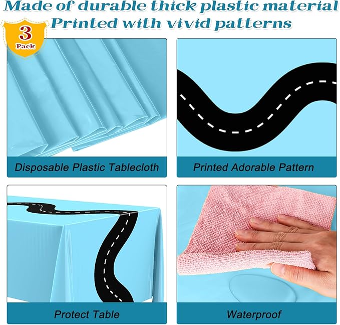 Irenare 3 Pcs Racing Table Cloths Car Birthday Party Supplies 54 x 108 Inch Racetrack Table Runner Covers Disposable Rectangular Road Tablecloth for Kids Boy Car Theme Party Decor (Light Blue)