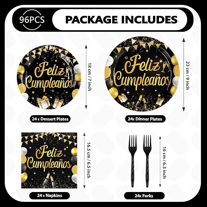 96Pcs Black and Gold Birthday Party Supplies Feliz Cumpleaños Gold Glitter Plates and Napkins Feliz Cumpleaños Happy Birthday Tableware Set for Men Women Spanish Party Decorations Serves 24