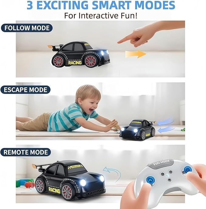 3-in-1 Smart RC Car with Follow & Escape Modes, 360° Stunt Drift, Voice/Light Effects, and Pet Play Mode, 4WD Remote Control Car Toy for Kids and Cat Dogs (White)