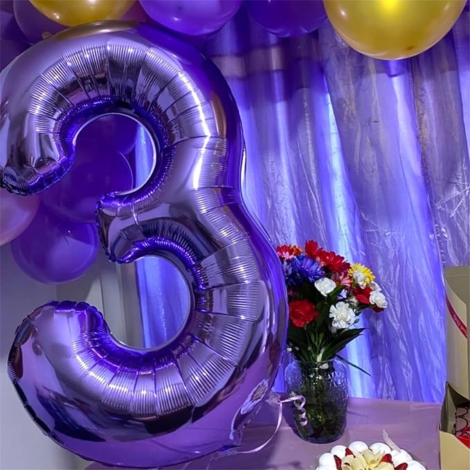 3rd Birthday Number Balloons for Kids, Self Inflating 40 Inch Purple Foil Balllons, Large Number 3 Balloons for Women 30th Birthday Party Bridal Shower Anniversary Graduation Party Decor Girl Supplies