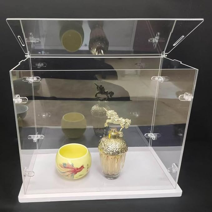 Clear Acrylic Display Cabinet Assembly, Thickened Base, top openable Door, Sturdy L-Shaped Buckle, dust Protection Cabinet for Action Doll Toy Collectibles (White, 50x30x40cm/20X12X16in)