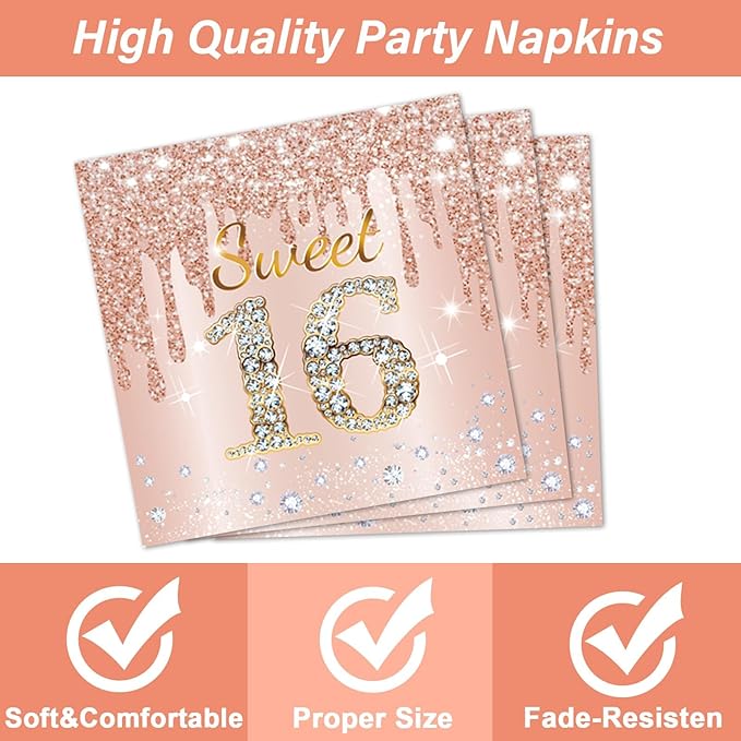 96PCS Rose Gold Sweet 16th Birthday Party Paper Plates and Napkins Sixteenth Birthday Party Decoration 16 Years Old Disposable Cake Dessert Tableware Set Serves 24 Guests Girls Ladies Supplies Favor
